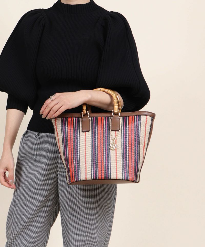 【未使用扱】WOVEN ストライプ かごバッグ Bermosa]ミックスストライプ柄 バンブーハンドル 2wayかごトート