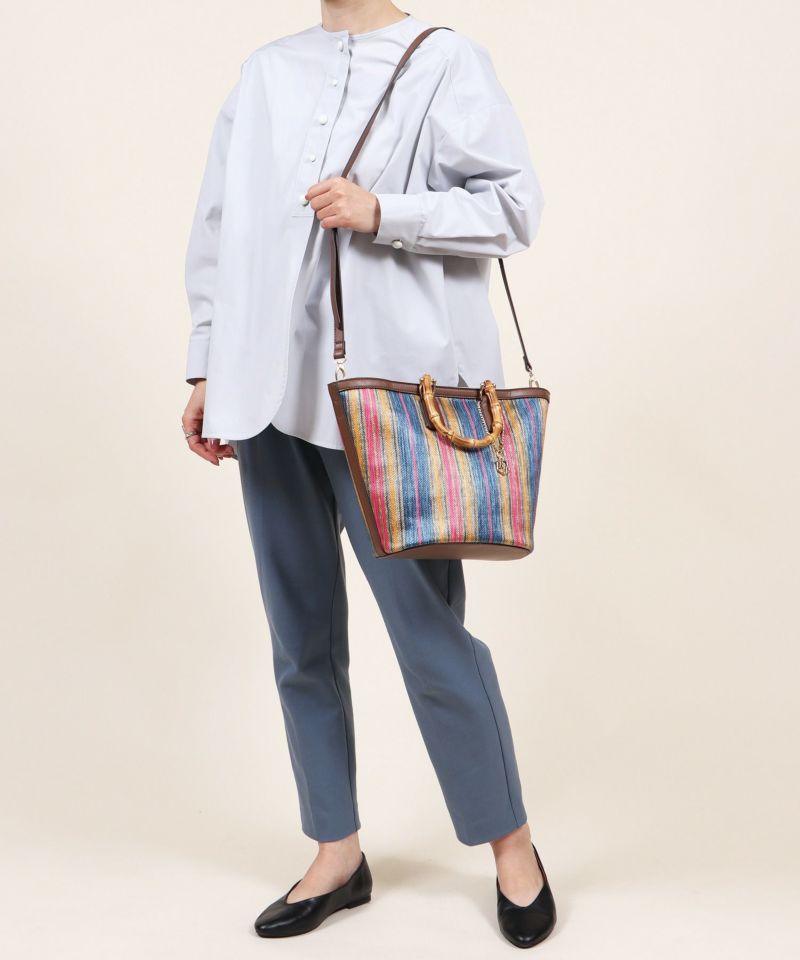 【未使用扱】WOVEN ストライプ かごバッグ 2WAYプラカゴバッグS 黒ストライプ×ベージュハンドル プラカゴ