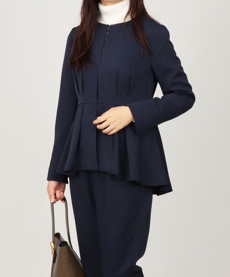【美品♡ノーカラー】プラステ　ブラッシュドバック　パンツスーツ　紺　M-L UNITED BASE]ノーカラー タックペプラム テーパードパンツ